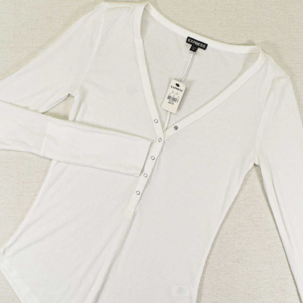 Express Henley Shirt Womens Extra Small XS White Long Sleeve Snap Button NWT Top